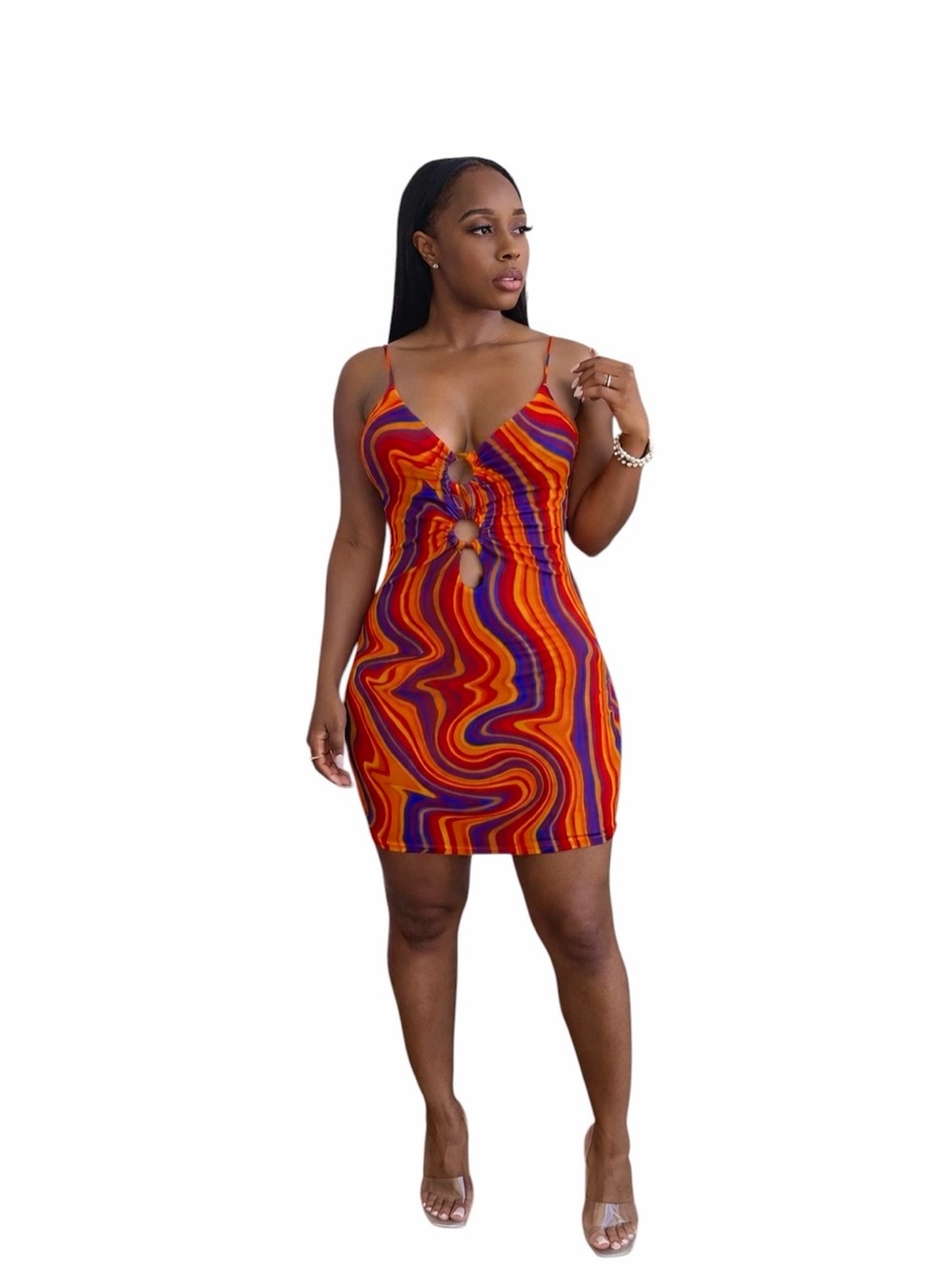 Women's Red Orange Swirl Cutout Bodycon Dress